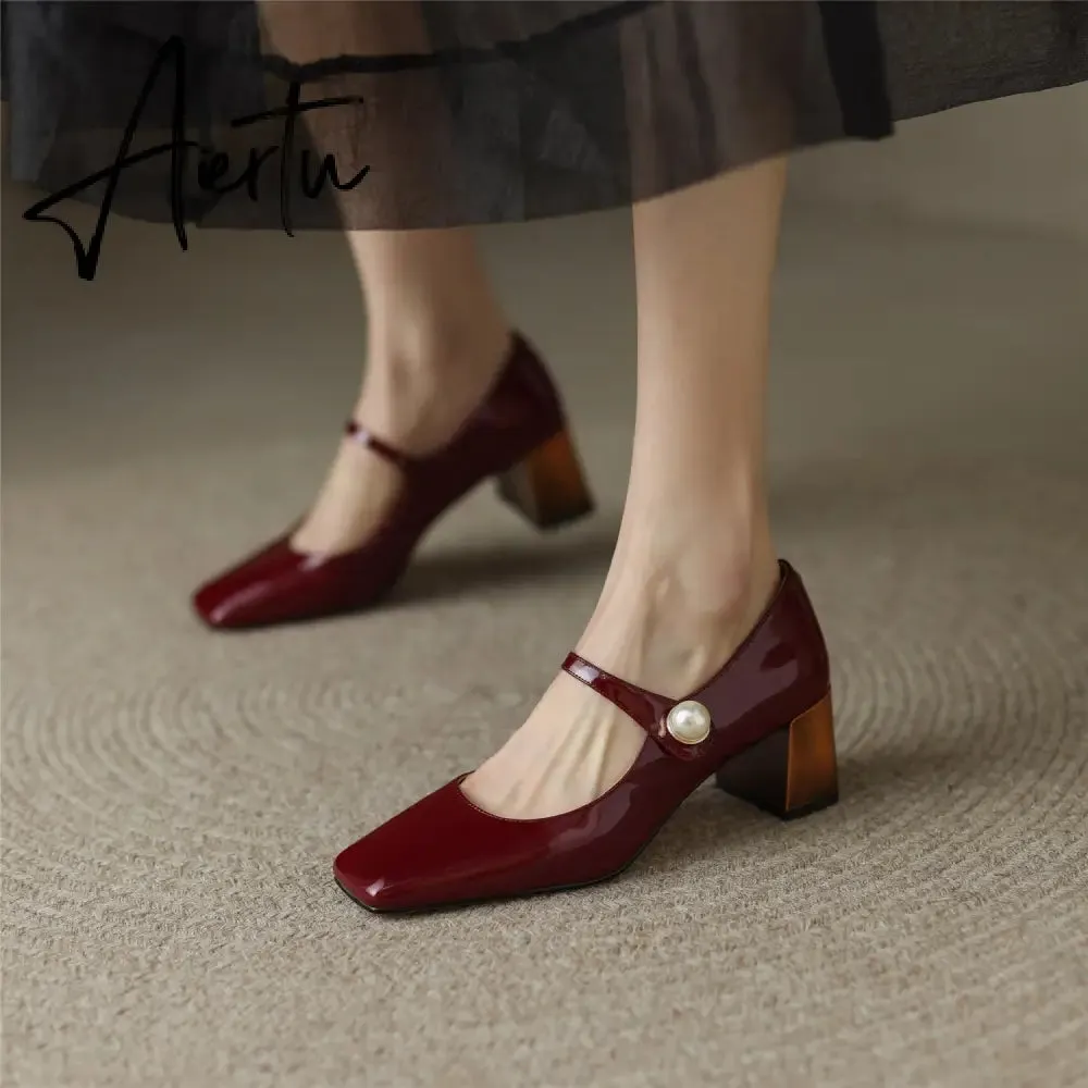 Aiertu  Mary Jane High Heels Women Sheepskin Patent Leather Pumps Pigskin Lining and Sheepskin Insole Lolita Girl Shoes Big Size 42