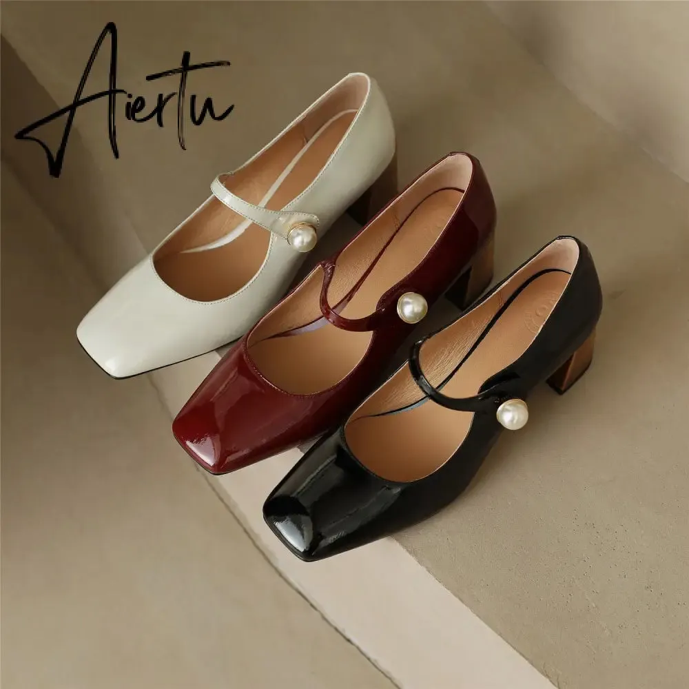 Aiertu  Mary Jane High Heels Women Sheepskin Patent Leather Pumps Pigskin Lining and Sheepskin Insole Lolita Girl Shoes Big Size 42