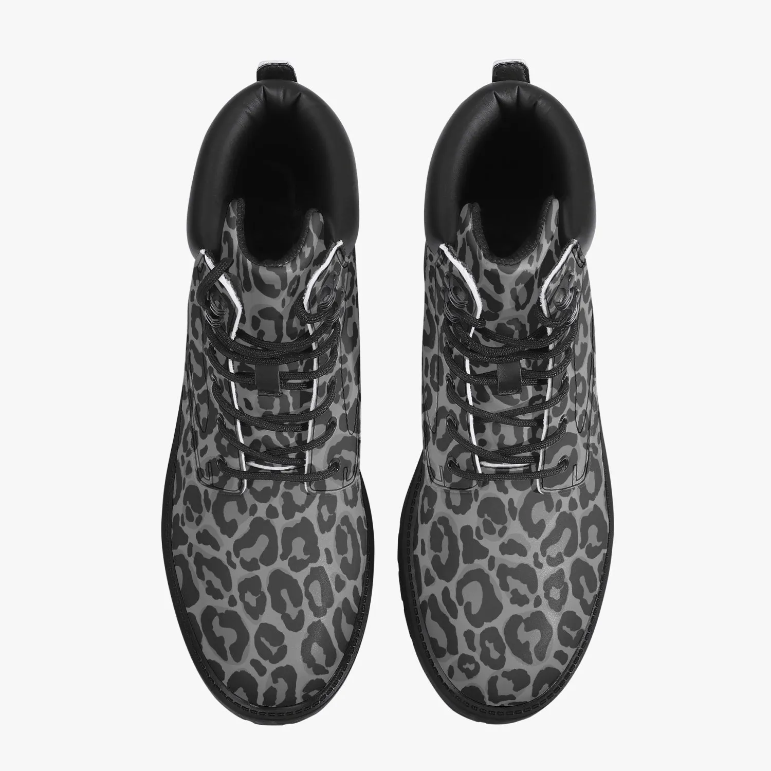 Grey Leopard Leather Boots, Animal Print Lace Up Shoes Waterproof Hiking Festival Black Ankle Combat Work Winter Casual Custom Gift