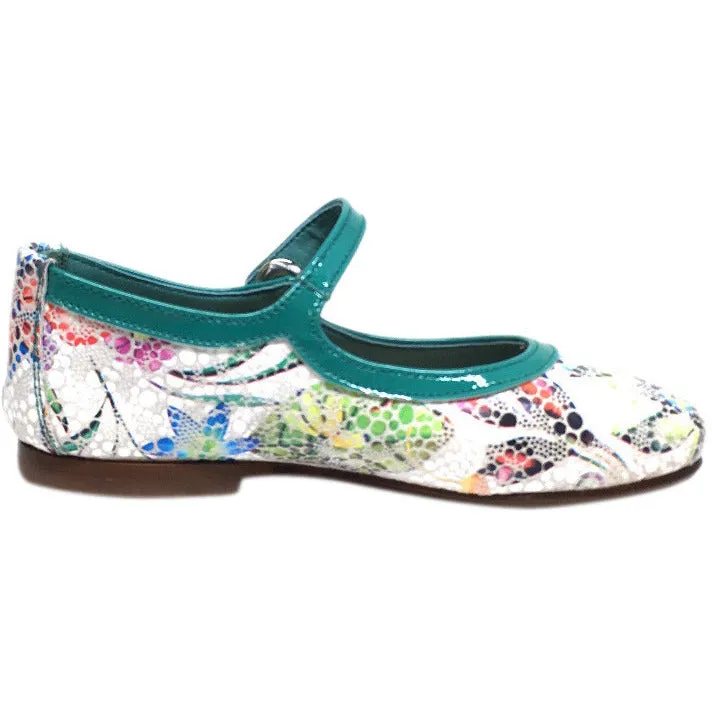 Papanatas by Eli Teal Metallic Floral Print Mary Janes Button Flats