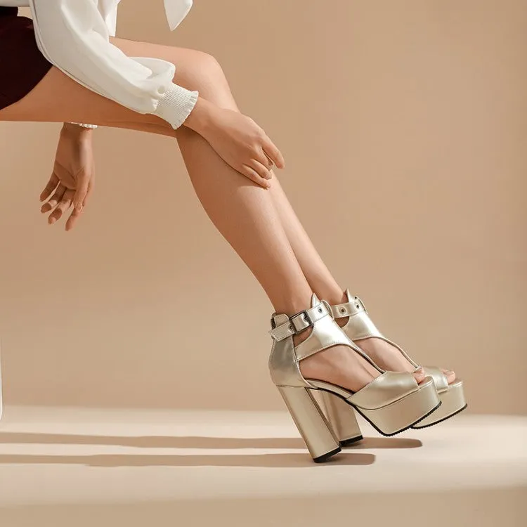 Women's Patent Leather Jelly Color Chunky Heel Platform Sandals